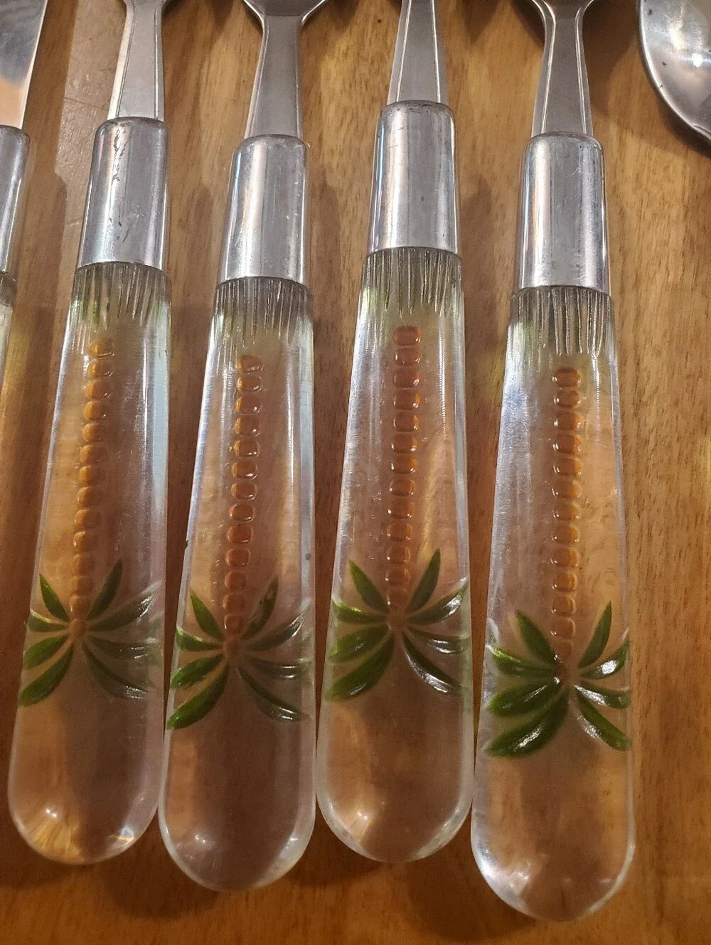 Vintage Cambridge Palm Tree Flatware Stainless Clear Acrylic Lucite Silverware